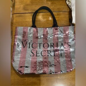 Victoria's Secret Pink and Silver Striped Sequin Tote